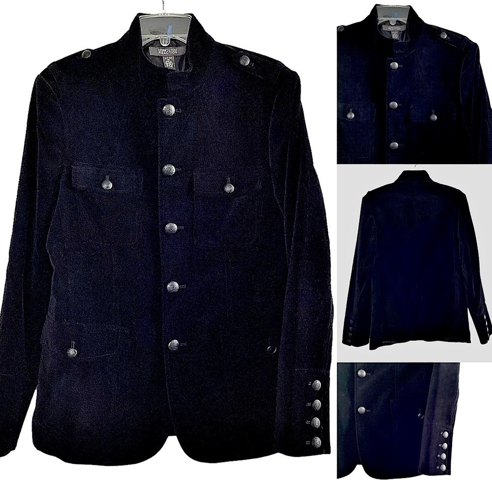 Kenneth Cole Black Velvet Military-Style Button Pocket Jacket with Epaulets